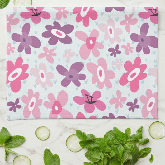 ピンクの花と青のハートかわいいお洒落 キッチンタオル (折り畳み)