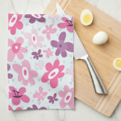 ピンクの花と青のハートかわいいお洒落 キッチンタオル (四つ折り)