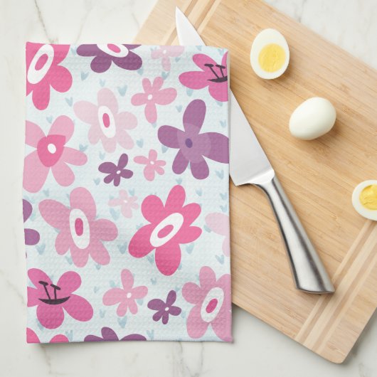 ピンクの花と青のハートかわいいお洒落 キッチンタオル (四つ折り)