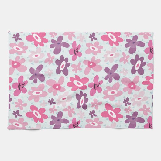 ピンクの花と青のハートかわいいお洒落 キッチンタオル (横)