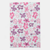 ピンクの花と青のハートかわいいお洒落 キッチンタオル (縦)