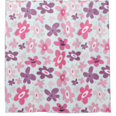 ピンクの花と青のハートかわいいお洒落 シャワーカーテン (正面)