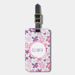ピンクの花と青のハートかわいいお洒落 ラゲッジタグ