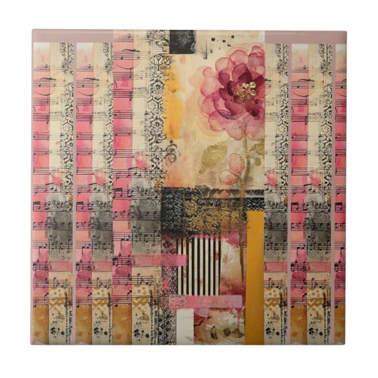 ピンクの花と音楽ノート タイル (正面)