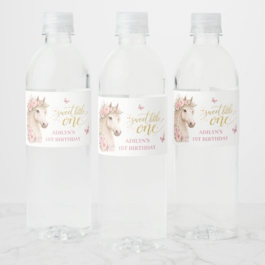 ピンクの花と馬の1歳の誕生日 ペットボトルラベル (ボトル)