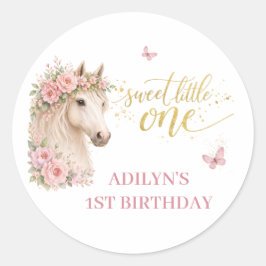ピンクの花と馬の1歳の誕生日 ラウンドシール