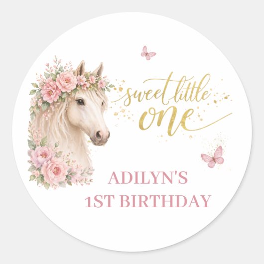 ピンクの花と馬の1歳の誕生日 ラウンドシール (正面)
