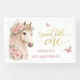 ピンクの花と馬の1歳の誕生日(女の子用) 横断幕