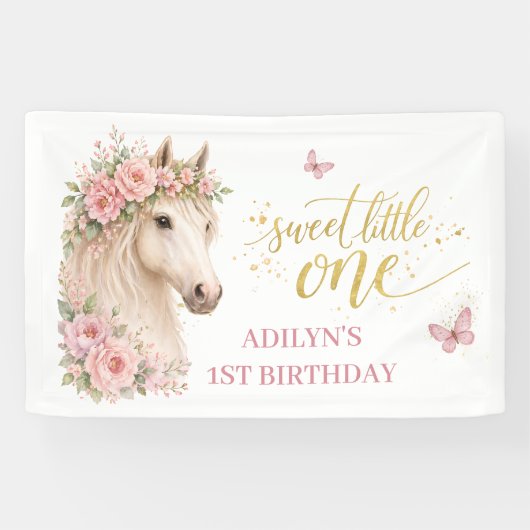 ピンクの花と馬の1歳の誕生日（女の子用） 横断幕 (横)