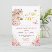 ピンクの花と馬の1歳の誕生日 招待状 (スタンド正面)