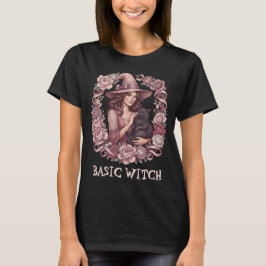ピンクの花と魔女と黒猫のコケティッシュなベーシックウィッチ Tシャツ