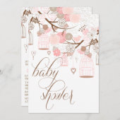 ピンクの花と鳥かごのベビーシャワー招待状 招待状 (正面/裏面)