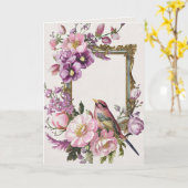 ピンクの花と鳥の水彩画 カード (黄色い花)