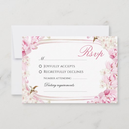ピンクの花と鳥の結婚式RSVPカード - ロマンティックウェディング 出欠カード (正面)