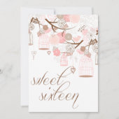 ピンクの花と鳥のSweet sixteen招待状 招待状 (正面)