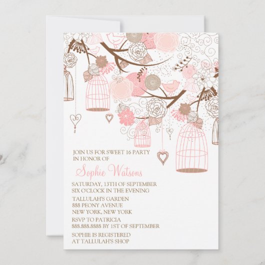 ピンクの花と鳥のSweet sixteen招待状 招待状 (裏面)