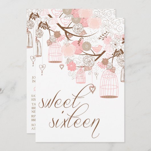 ピンクの花と鳥のSweet sixteen招待状 招待状 (正面/裏面)