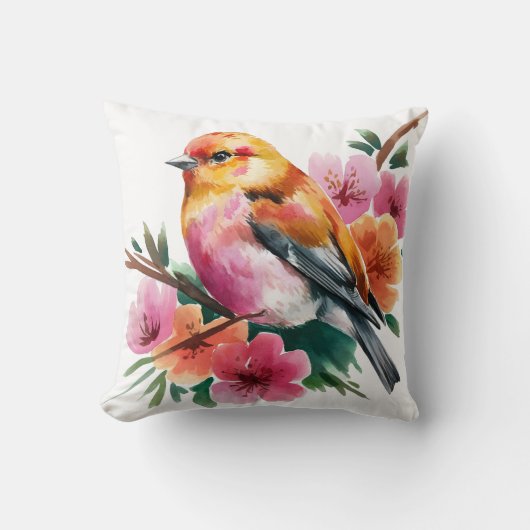 ピンクの花と鳥 クッション (正面)