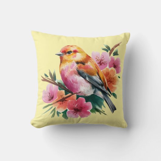 ピンクの花と鳥 クッション (正面)
