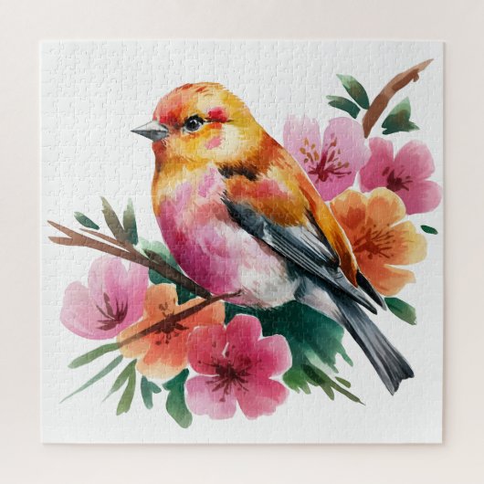 ピンクの花と鳥 ジグソーパズル (縦)