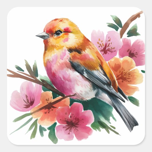 ピンクの花と鳥 スクエアシール (正面)