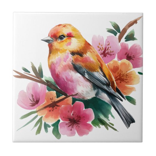 ピンクの花と鳥 タイル (正面)