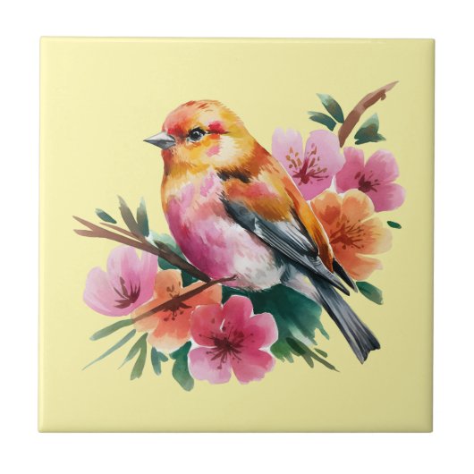 ピンクの花と鳥 タイル (正面)