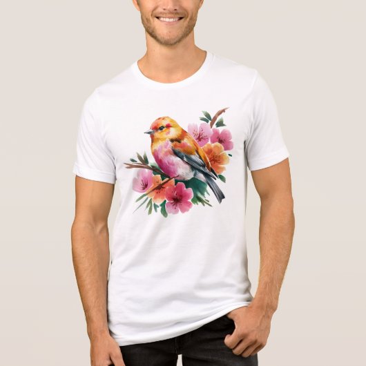 ピンクの花と鳥 トライブレンドＴシャツ (正面)