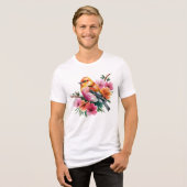 ピンクの花と鳥 トライブレンドＴシャツ (正面全面)