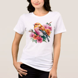 ピンクの花と鳥 トライブレンドTシャツ