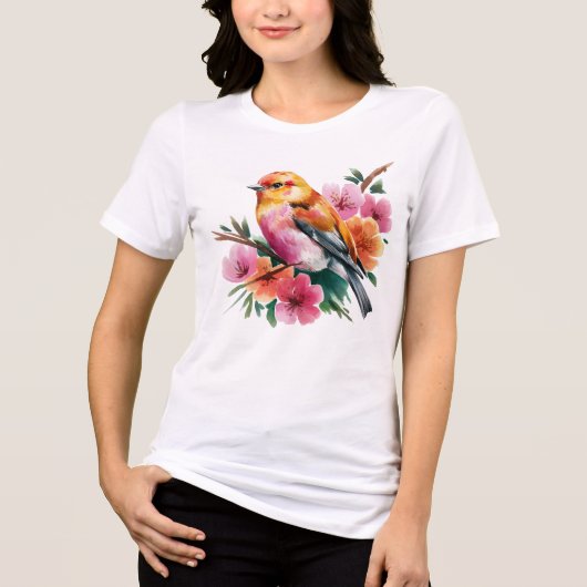 ピンクの花と鳥 トライブレンドTシャツ (正面)
