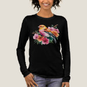 ピンクの花と鳥 トライブレンドTシャツ (正面)