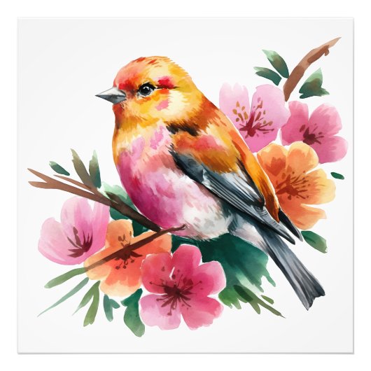 ピンクの花と鳥 フォトプリント            (正面)