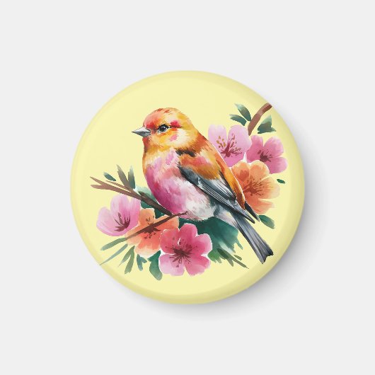 ピンクの花と鳥 マグネット (正面)