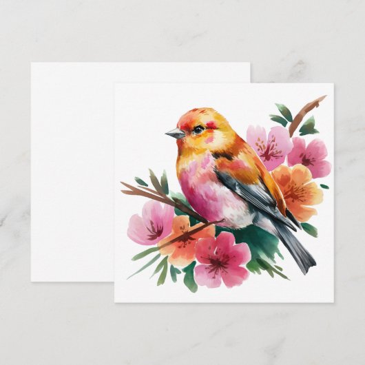 ピンクの花と鳥 招待状 (正面/裏面)