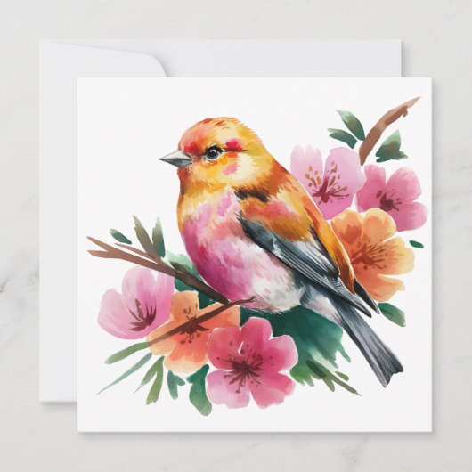 ピンクの花と鳥 招待状 (正面)