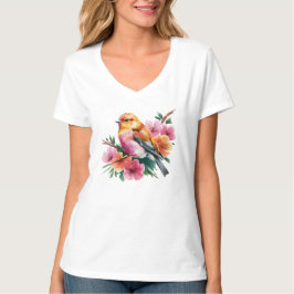 ピンクの花と鳥 Tシャツ