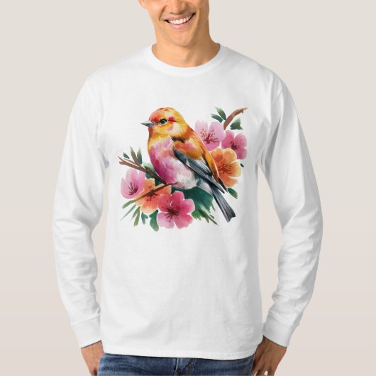 ピンクの花と鳥 Tシャツ (正面)