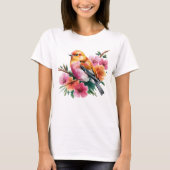 ピンクの花と鳥 Tシャツ (正面)