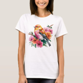 ピンクの花と鳥 Tシャツ