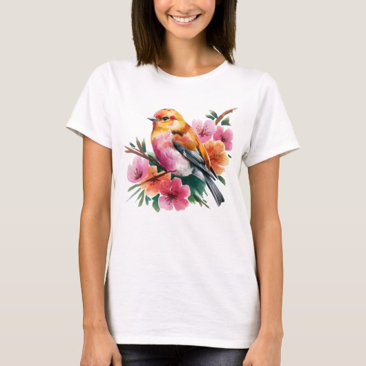 ピンクの花と鳥 Tシャツ (正面)