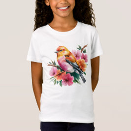 ピンクの花と鳥 Tシャツ