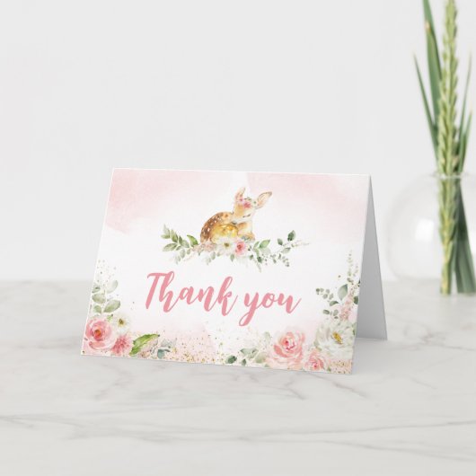 ピンクの花と鹿の赤ちゃん歓迎会 サンキューカード (正面)