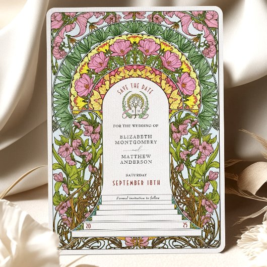 ピンクの花と黄色のアクセントの保存日付 招待状
