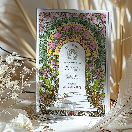 ピンクの花と黄色のアクセントの保存日付 招待状