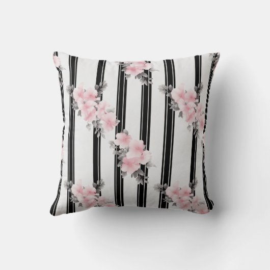 ピンクの花と黒のストライプ花 クッション (裏面)