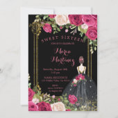 ピンクの花と黒の背景16誕生日 招待状 (正面)