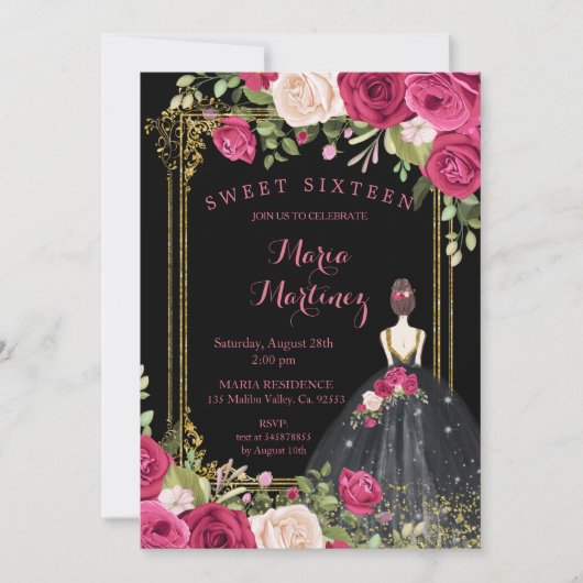 ピンクの花と黒の背景16誕生日 招待状 (正面)
