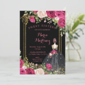 ピンクの花と黒の背景16誕生日 招待状 (スタンド正面)