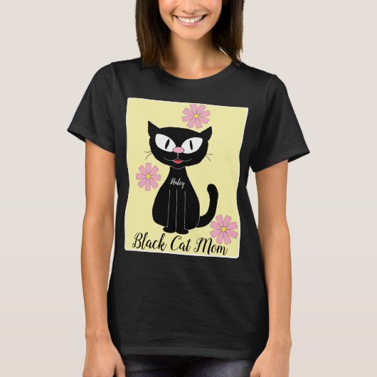 ピンクの花と黒猫のママ ネコ好き Tシャツ (正面)